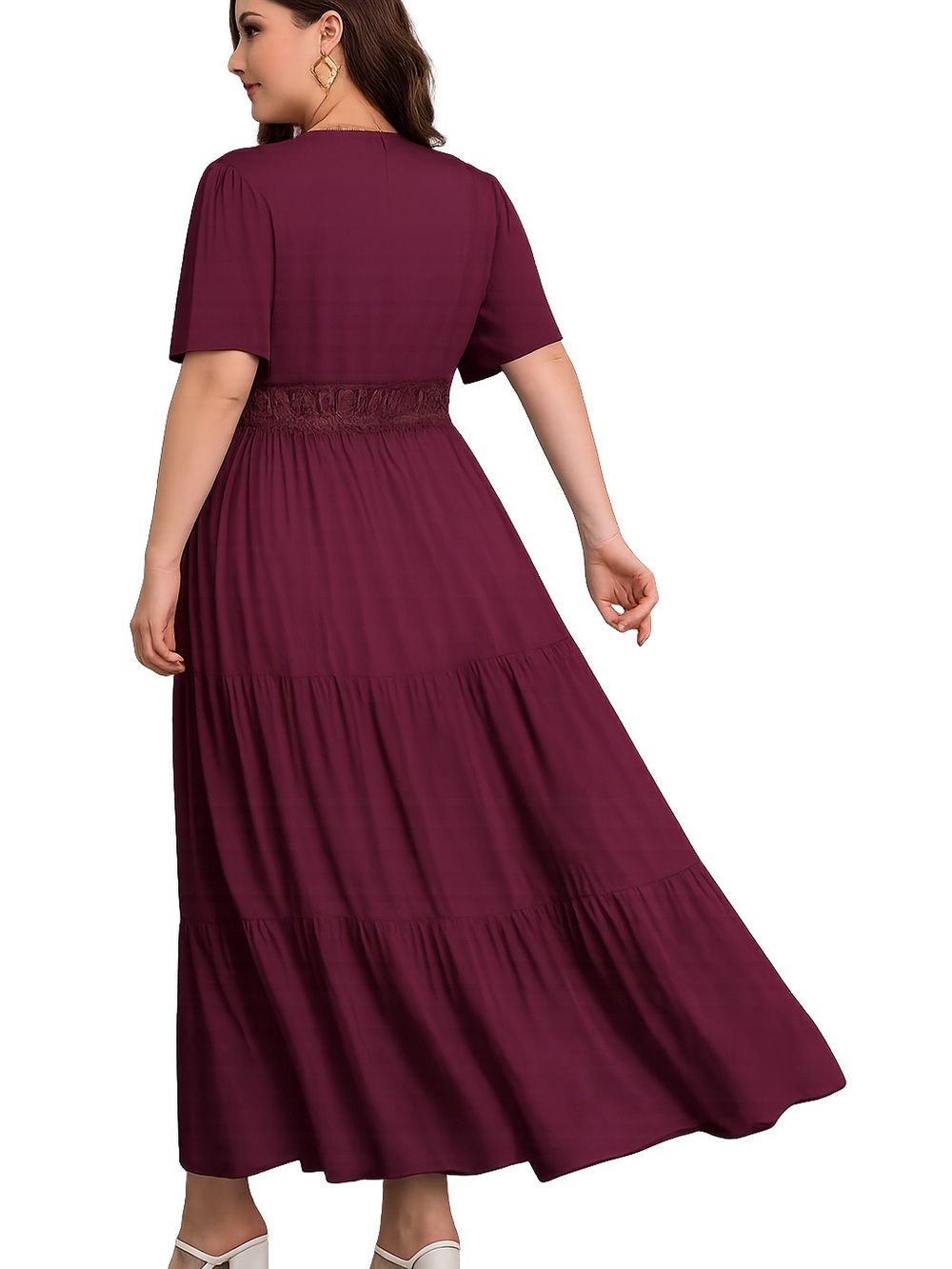 Plus Size Lace-Trim V-Neck Tiered Maxi Dress in Wine - Picture 3 of 3